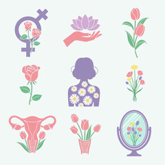 Feminine symbols, flowers, and anatomical representation in a pastel color palette.