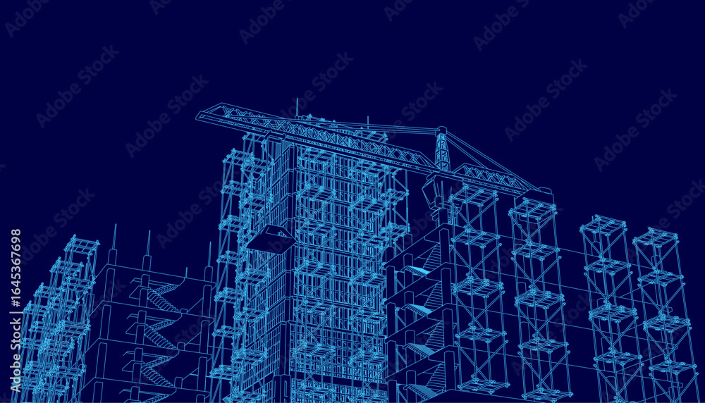 Poster a detailed blueprint of a building under construction features various geometric shapes and sizes on