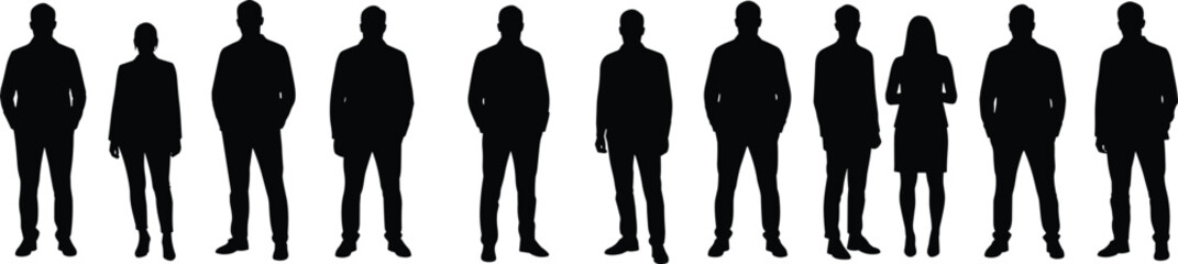 Group of business people silhouettes standing in a row – diverse professionals in formal attire, black vector human silhouettes