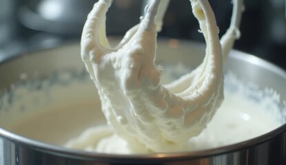 Close-up of fresh cream being whipped in large stainless steel mixers, ideal for dairy production, dessert preparation, culinary, or food industry visuals