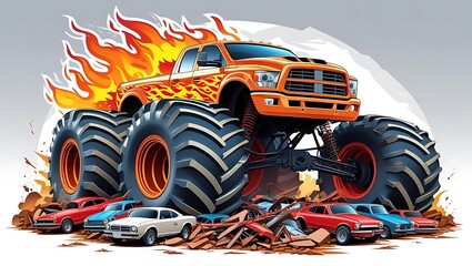 A Powerful Monster Truck with Fiery Orange Flames
