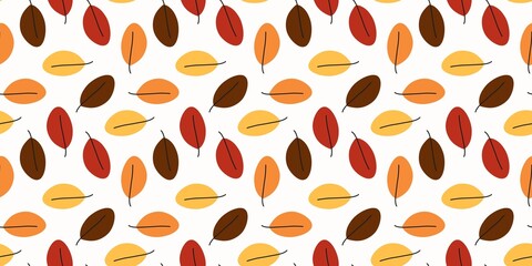 Seamless autumn leaves pattern in red, orange, yellow, and brown on a white background, perfect for seasonal design, fabric, wallpaper, and fall-themed decorations.