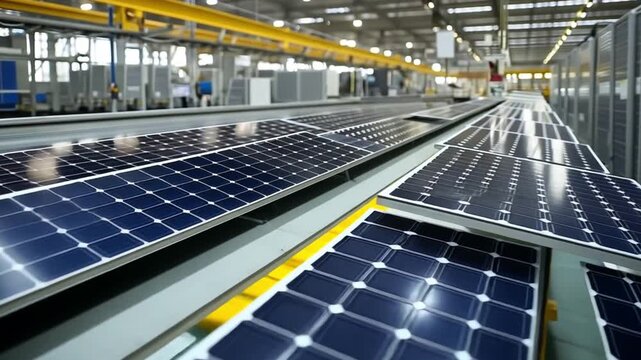 Conveyor belt carrying photovoltaic cells in a solar panel factory, highlighting the manufacturing process of renewable energy equipment