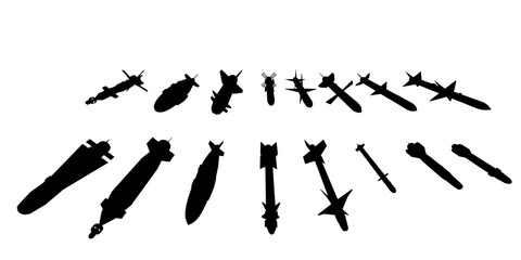 Black and white silhouettes of various weapons, including missiles and bombs, arranged in a clean collection. The minimalist design features sharp outlines against a plain white background.