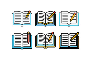 open textbook with pencil svg vector icon set