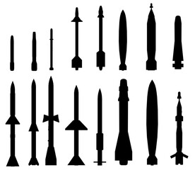 A collection of black and white rocket silhouettes includes various missile and bomb designs on a clean white background. The minimalist vector-style illustration features detailed outlines.