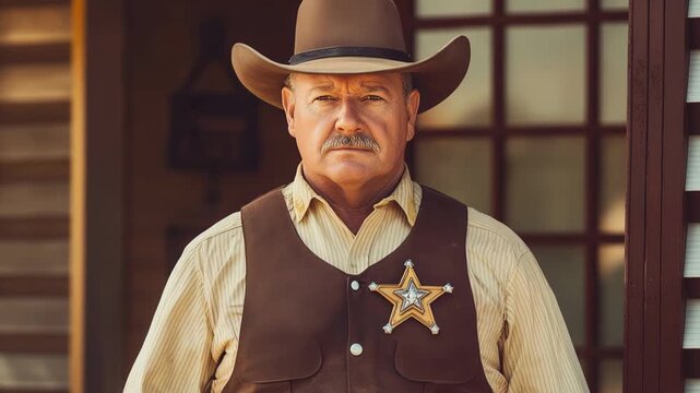Stern sheriff with badge in Wild West setting