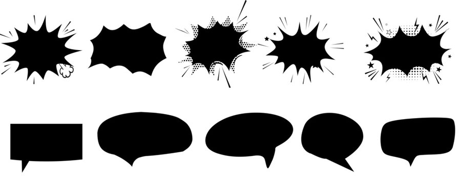 Comic burst, speech bubble, and text box silhouettes in vector style. essential graphic elements set for comic design, pop art, dialog highlights, and creative retro style storytelling
