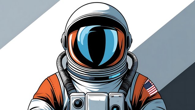 An Astronaut in an Orange Suit Against a Graphic Background