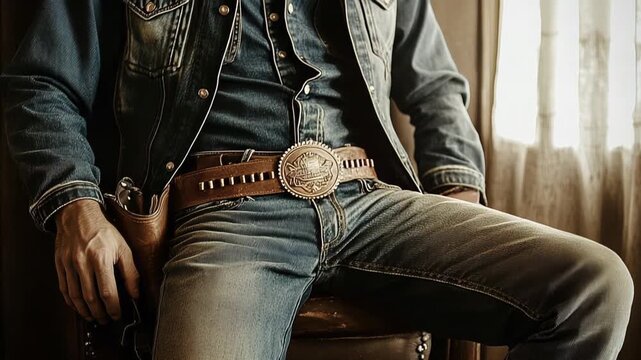 Cowboy in denim with belt buckle sitting, revolver in holster.