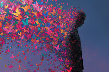 Vibrant surreal digital painting of a human figure dissolving into colorful butterflies, symbolizing transformation, freedom, and mental healing, bright dreamlike colors for emotional growth,well mind