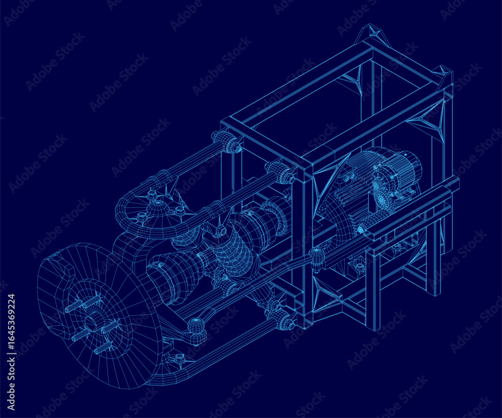Aufkleber a modular electric motor wireframe with intricate details and realistic suspension components, displ