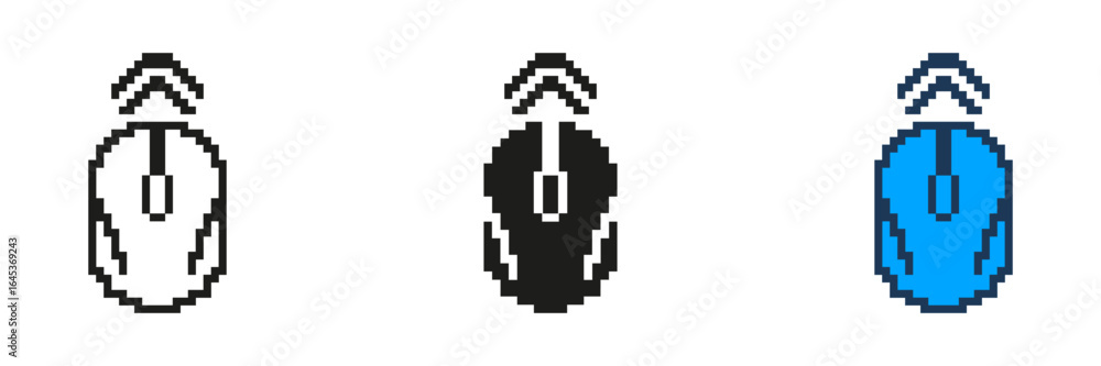 Poster pixelated computer mouse icon set. mouse click symbol with interaction lines in pixel art style. dig