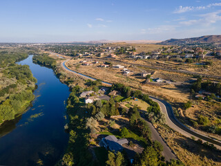 Aerial landscape of Yakima River Valley nature during summer in Kennewick Richland Washington