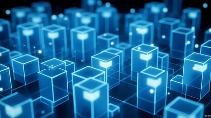 Abstract 3D Rendering of a Futuristic Digital Cityscape Illuminated Cubes Representing AI Data Networks and Blockchain Technology  Ideal for Tech Presentations and AI-Related Content - Powered by Adobe