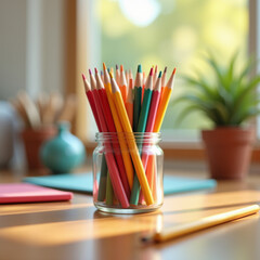 Jar of colorful pencils placed on desk by a sunny school window