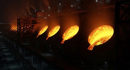 Molten steel ingots glowing orange on a production line in a heavy industry factory. Metal casting and metallurgical manufacturing process.