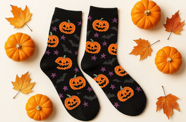 Colorful cotton socks with a decorative Halloween pattern in the form of orange pumpkins, black cats, bats, autumn leaves and ghosts, on a light background, fun Halloween clothes