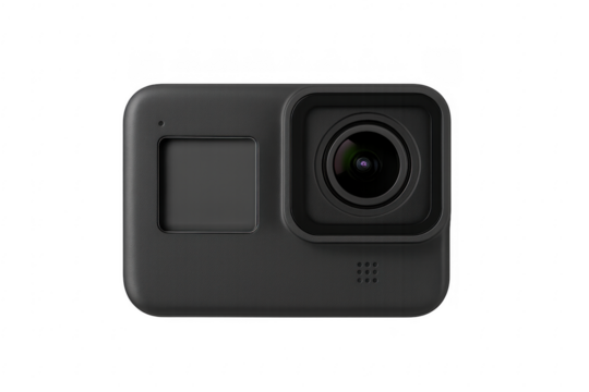 Black action camera isolated on transparent background, ready for capturing thrilling moments