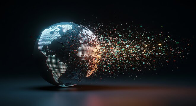 Luminous Pixel Earth Dissolving into a Vibrant Data Stream