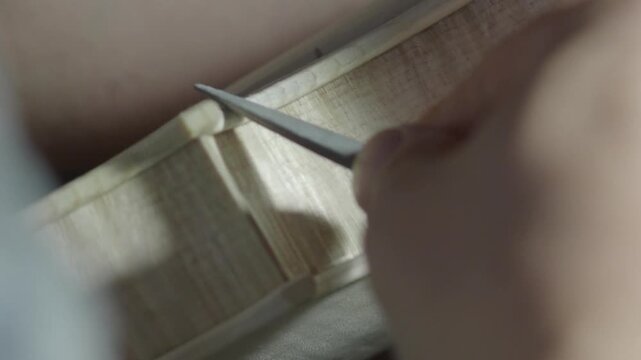 Experienced craftsman carefully carving intricate f hole on wooden violin, showcasing meticulous handcrafting technique of classical stringed instrument - Powered by Adobe