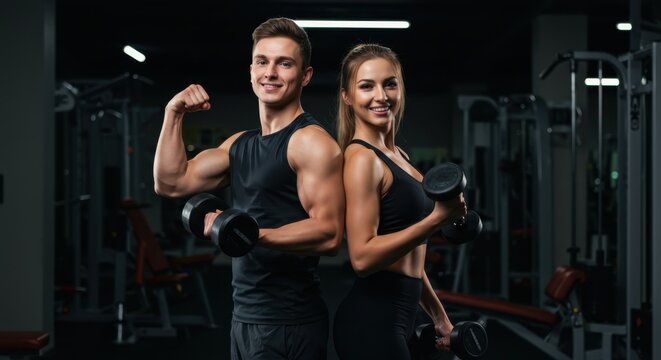 Fit Couple Training Together with Dumbbells in Gym — Strength and Motivation Concept