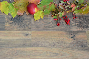 Autumnal arrangement on wooden surface copy space