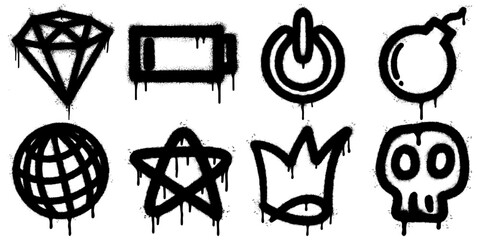 Collection of graffiti style icons featuring a diamond, battery, power button, bomb, globe, star, crown, and skull.