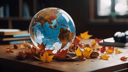 Autumnal globe with vibrant fall foliage evokes travel memories and seasonal change, perfect for holiday promotions or educational content creation