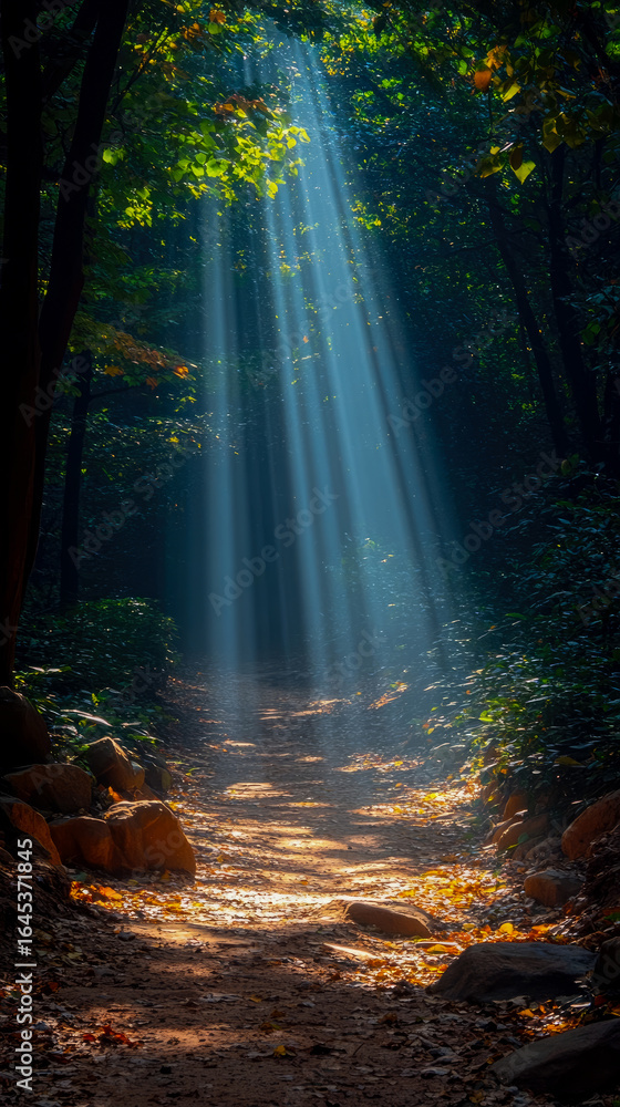 Poster captivating view of sunbeams piercing through dense canopy, illuminating tranquil forest path with m