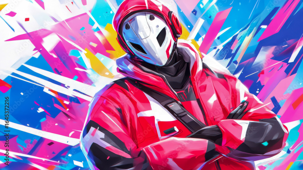 Poster Futuristic masked character in bold red hoodie with crossed arms, set against dynamic and colorful abstract background of shattered geometric patterns