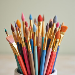 Fototapeta premium Set of paintbrushes placed in vertical cup with soft background lighting