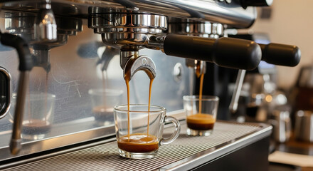 Espresso machine pouring coffee into glass cups in a cafe, close up of the brewing process in action