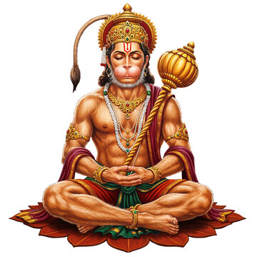 The Hindu God Lord Hanuman meditating peacefully in a lotus yoga pose with his mace