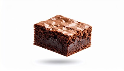 A single delicious chocolate fudge brownie square levitating against a clean white background. A perfect homemade dessert treat.