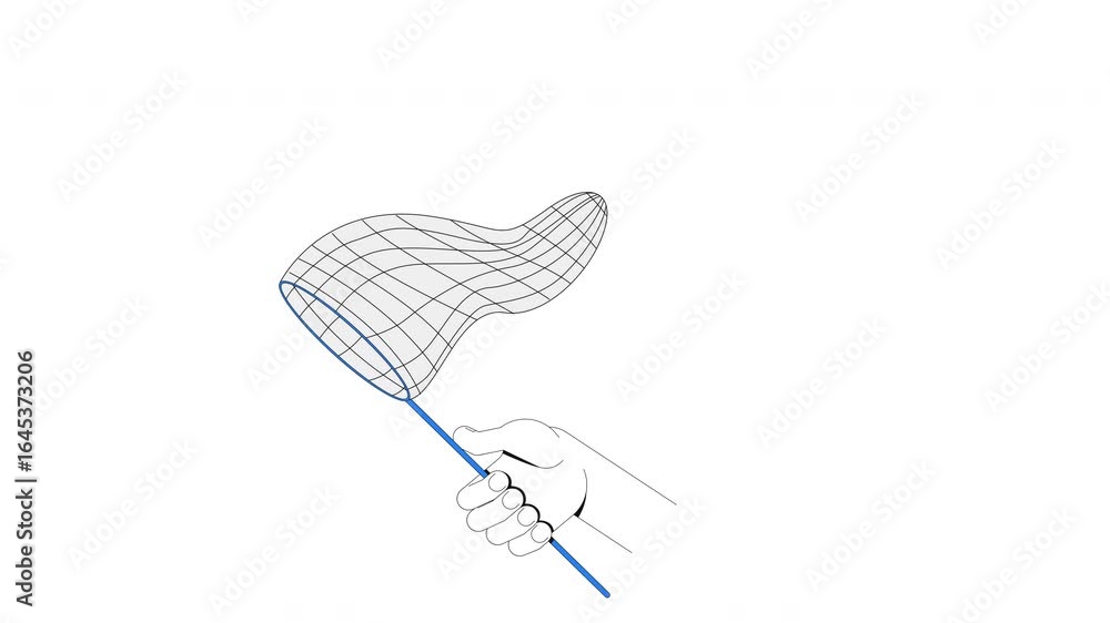 Poster hand swinging catching net 2d animation. sweeping butterfly net catcher through air. capturing tool,