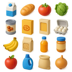 3d grocery icon set featuring milk, bread, tomato, lettuce, canned goods, pasta, eggs, and more
