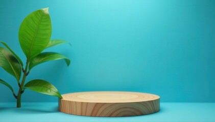 Elevated wooden platform with plant, blue backdrop Ideal for product showcasing , presentation, wood, showcase