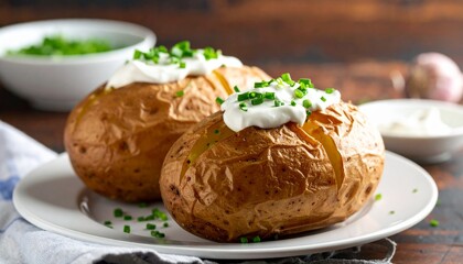 Golden baked potatoes served on a white plate, topped with sour cream and fresh chives, a classic comfort food dish