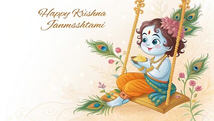 Serene illustration of baby Krishna holding flute with vibrant peacock feather.