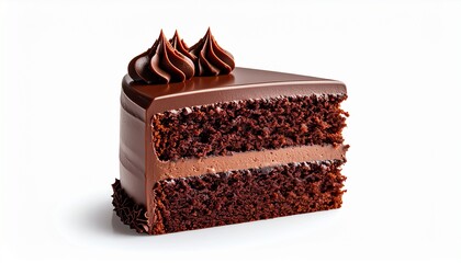 Decadent slice of double-layered chocolate fudge cake with glossy ganache icing and frosting swirls isolated on a white background.