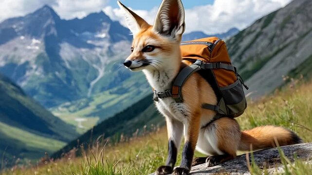 Fennec fox wearing an orange backpack, hiking through a stunning mountain landscape, embodying the spirit of adventure and exploration