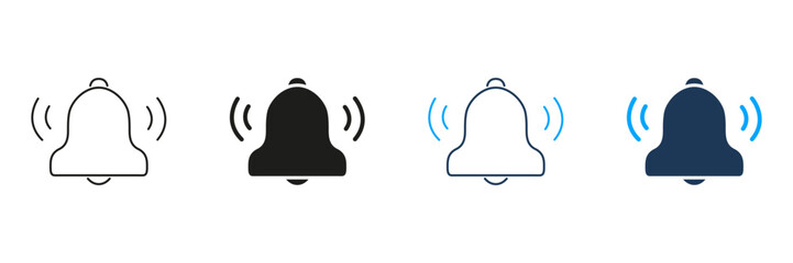 Notification Bell Line And Solid Icon Set. Alert And Reminder Symbol Collection For Apps And Interfaces. Sound And Vibration Indication. Isolated Vector Illustration