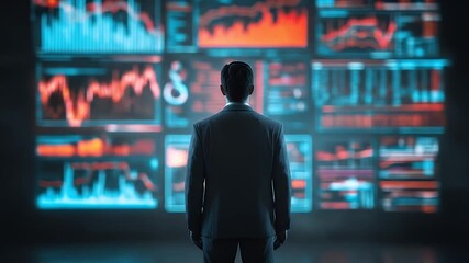 Business Analyst Observing Digital Data Visualizations in Dark Room