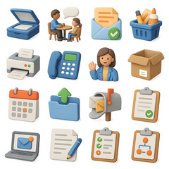 3d office icon set featuring printer, phone, mail, calendar, communication, and workflow symbols