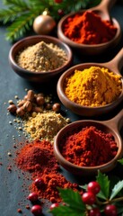 Variety of ground & whole Christmas cake spices in bowls , cardamon, ginger