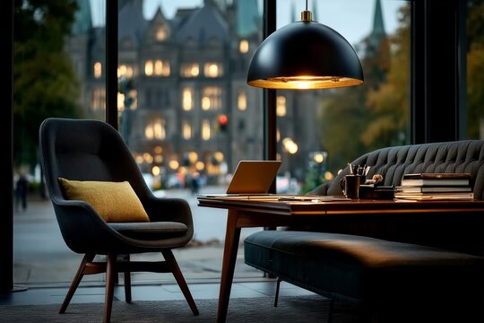 A stylish interior lounge area with comfortable seating, a laptop on a table, and a large window offering a city view at night, illuminated by a pendant lamp