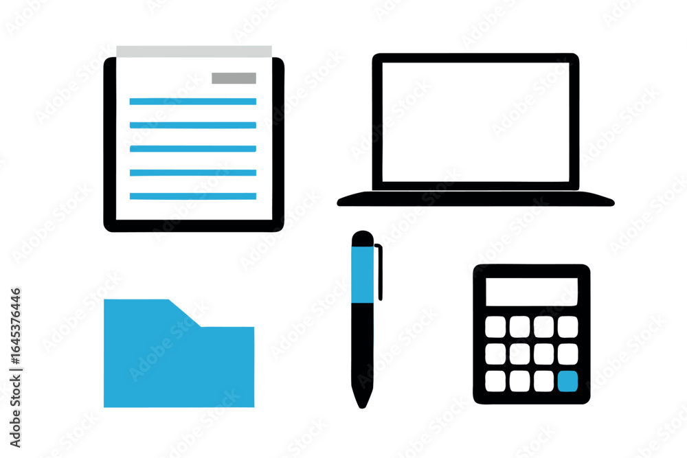 Poster office and business icons with laptop and calculator on white background folder document