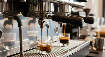 Espresso machine pouring coffee into glass cups in a cafe setting with blurred background view