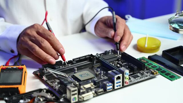 Computer technician in gloves safely repairing desktop hardware. Close-up view of hands fixing GPU and motherboard inside open PC case. Perfect for tech